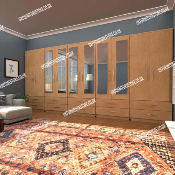 Beech 10 Door Wardrobe With 6 Mirrors and 10 Bottom Drawers