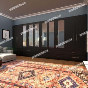Black 10 Door Wardrobe With 6 Mirrors and 10 Bottom Drawers