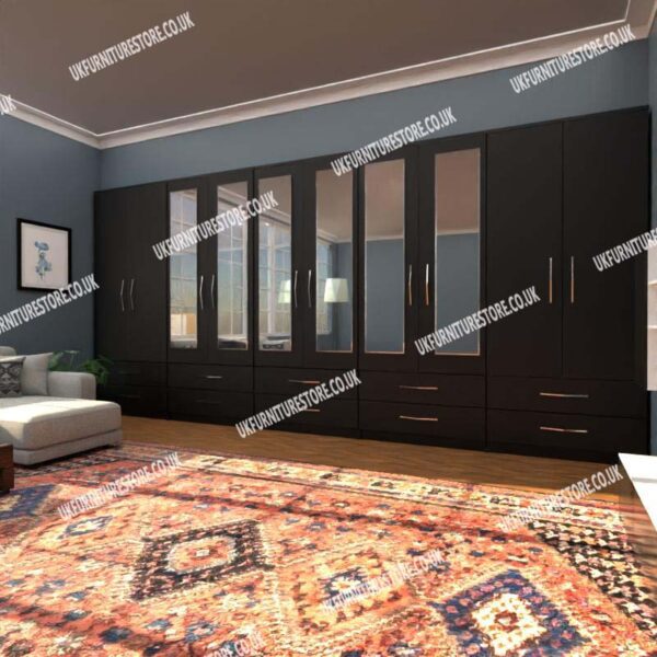 Black 10 Door Wardrobe With 6 Mirrors and 10 Bottom Drawers
