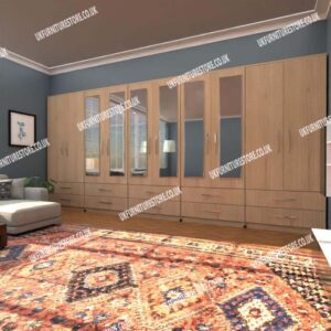 Oak 10 Door Wardrobe With 6 Mirrors and 10 Bottom Drawers