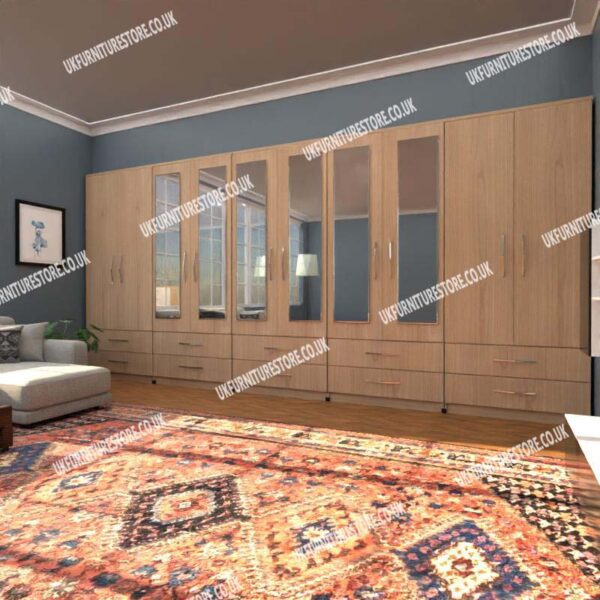Oak 10 Door Wardrobe With 6 Mirrors and 10 Bottom Drawers