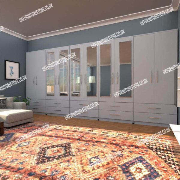 Silver 10 Door Wardrobe With 6 Mirrors and 10 Bottom Drawers