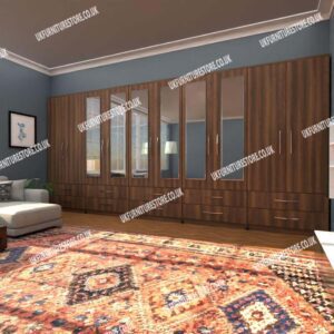 Walnut 10 Door Wardrobe With 6 Mirrors and 10 Bottom Drawers