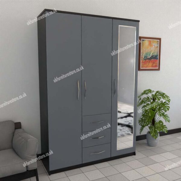 Front Gray Side Black 3 Door Wardrobe With 1 Mirror and 3 Bottom Drawers