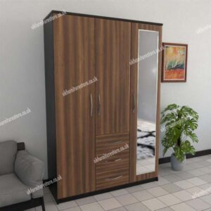 Front Walnut Side Black 3 Door Wardrobe With 1 Mirror and 3 Bottom Drawers