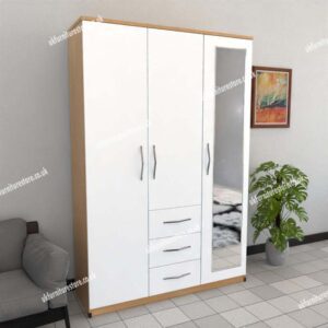 Front White Side Oak 3 Door Wardrobe With 1 Mirror and 3 Bottom Drawers