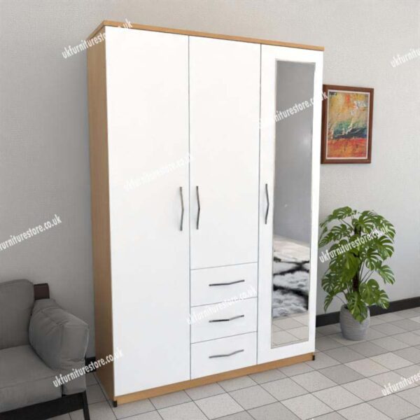 Front White Side Oak 3 Door Wardrobe With 1 Mirror and 3 Bottom Drawers