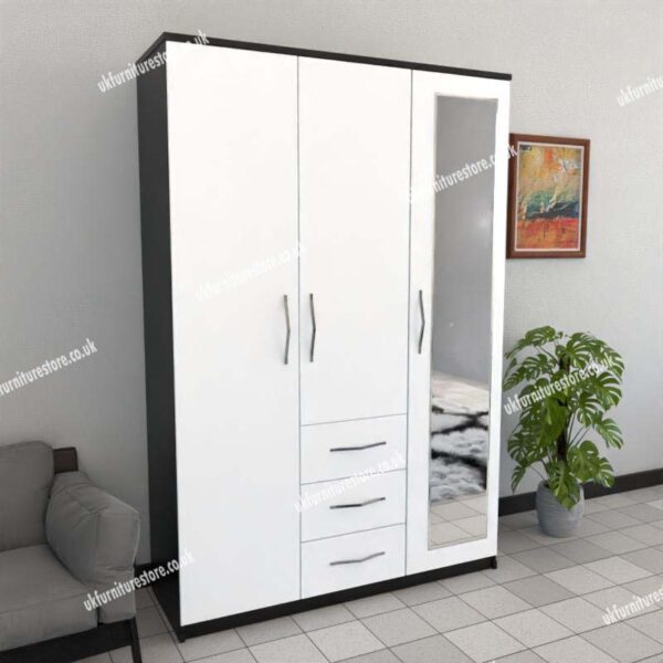 Front White Side Black 3 Door Wardrobe With 1 Mirror and 3 Bottom Drawers