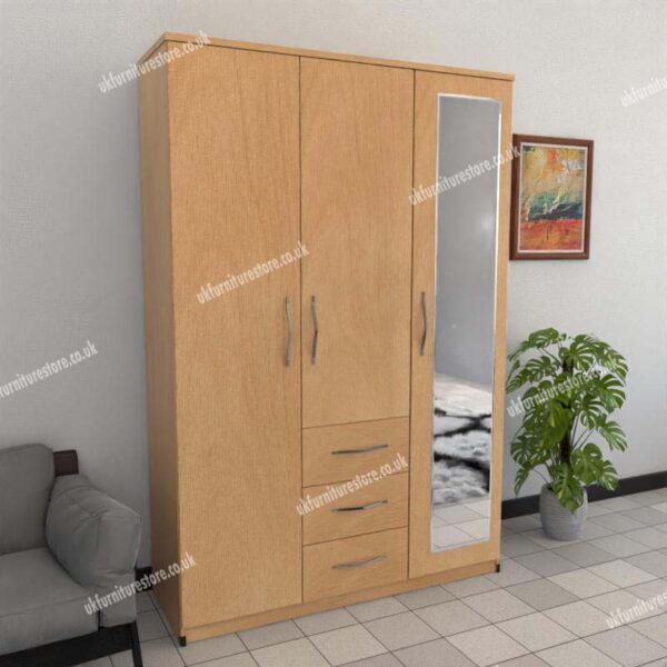 Beech 3 Door Wardrobe With 1 Mirror and 3 Bottom Drawers