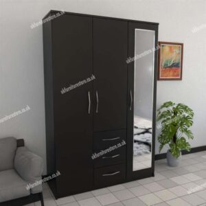 Black 3 Door Wardrobe With 1 Mirror and 3 Bottom Drawers