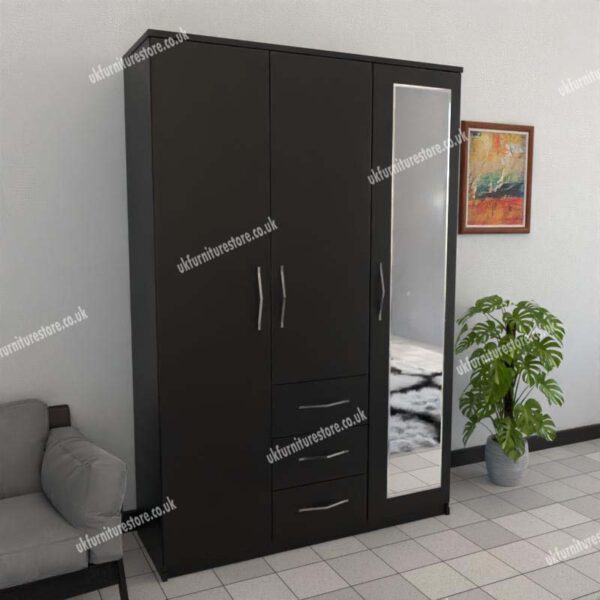 Black 3 Door Wardrobe With 1 Mirror and 3 Bottom Drawers