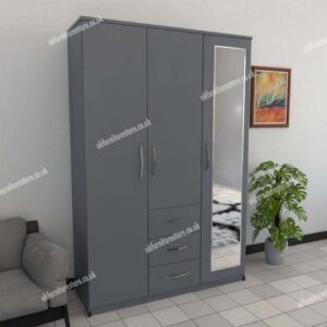 Gray 3 Door Wardrobe With 1 Mirror and 3 Bottom Drawers