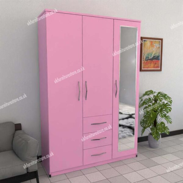 Pink 3 Door Wardrobe With 1 Mirror and 3 Bottom Drawers