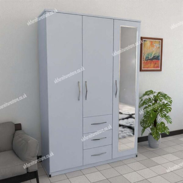Silver 3 Door Wardrobe With 1 Mirror and 3 Bottom Drawers