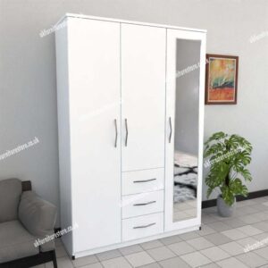 White 3 Door Wardrobe With 1 Mirror and 3 Bottom Drawers