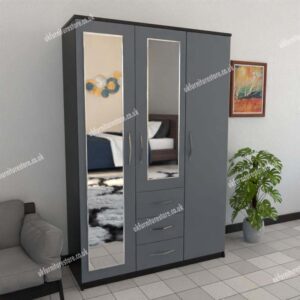 Front Gray Side Black 3 Door Wardrobe With 2 Mirrors and 3 Bottom Drawers