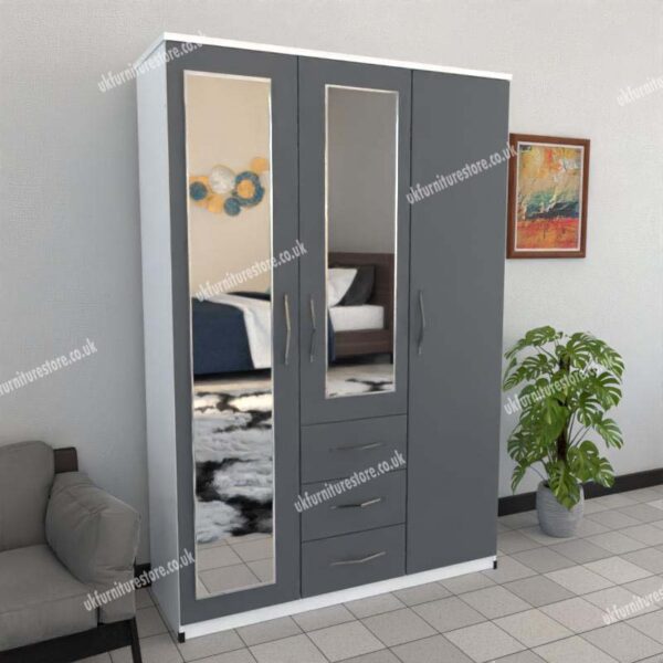 Front Gray Side White 3 Door Wardrobe With 2 Mirrors and 3 Bottom Drawers