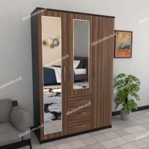 Front Walnut Side Black 3 Door Wardrobe With 2 Mirrors and 3 Bottom Drawers
