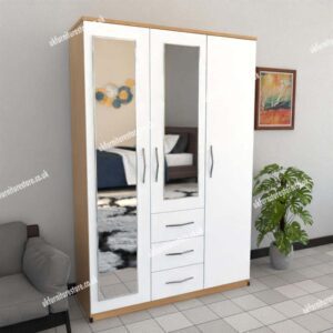 Front White Side Oak 3 Door Wardrobe With 2 Mirrors and 3 Bottom Drawers