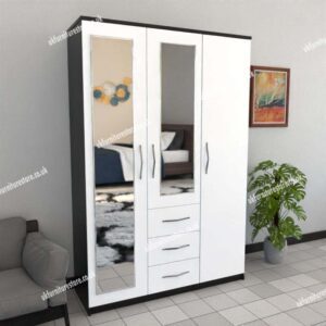 Front White Side Black 3 Door Wardrobe With 2 Mirrors and 3 Bottom Drawers