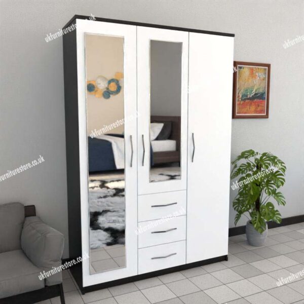 Front White Side Black 3 Door Wardrobe With 2 Mirrors and 3 Bottom Drawers