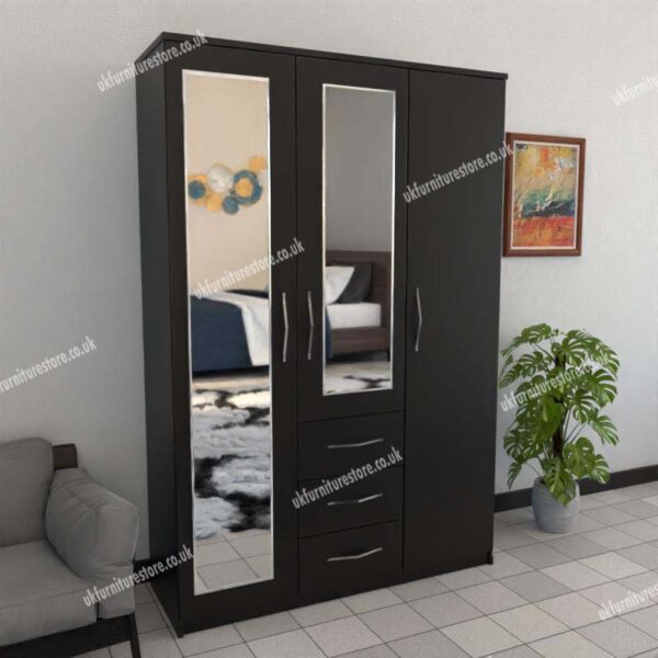 Black 3 Door Wardrobe With 2 Mirrors and 3 Bottom Drawers