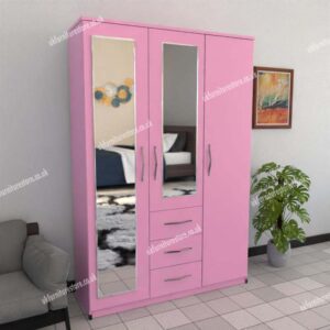 Pink 3 Door Wardrobe With 2 Mirrors and 3 Bottom Drawers