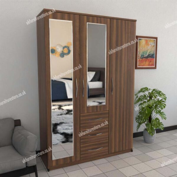 Walnut 3 Door Wardrobe With 2 Mirrors and 3 Bottom Drawers