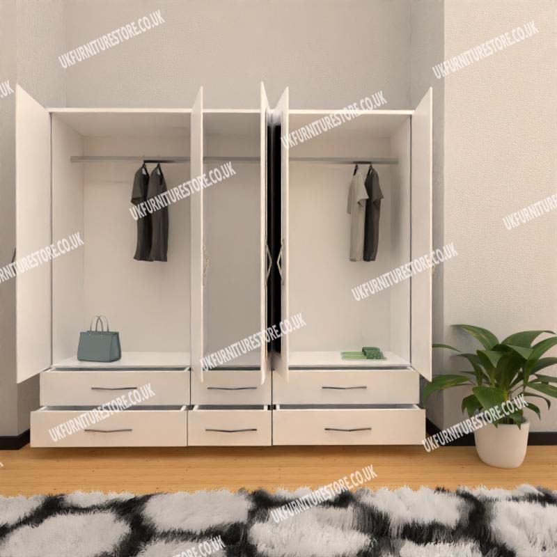 White 5 Door Wardrobe With 6 Bottom Drawers