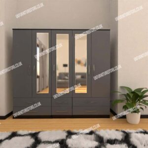 Front Gray Side Black 5 Door Wardrobe With 3 Mirrors and 6 Bottom Drawers