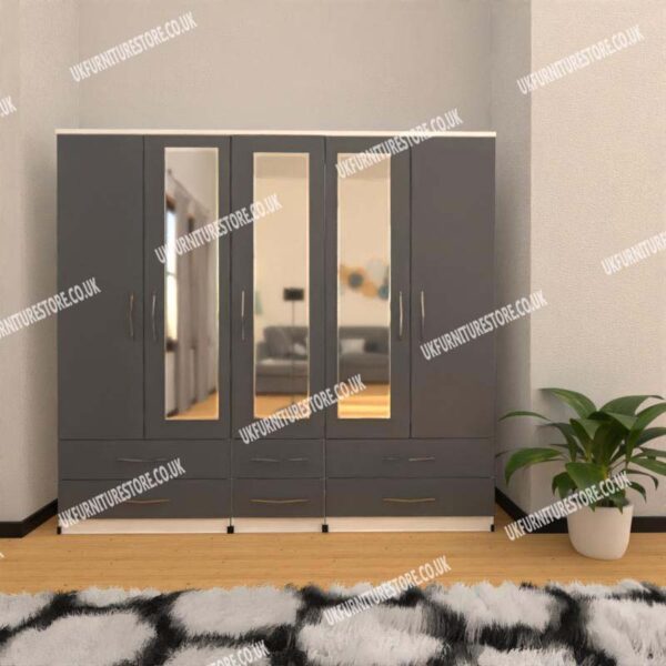 Front Gray Side White 5 Door Wardrobe With 3 Mirrors and 6 Bottom Drawers