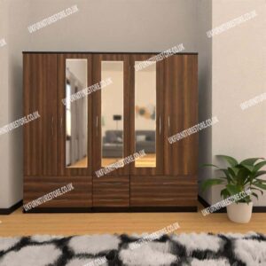 Front Walnut Side Black 5 Door Wardrobe With 3 Mirrors and 6 Bottom Drawers