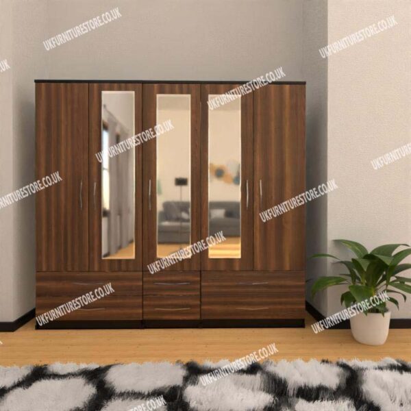 Front Walnut Side Black 5 Door Wardrobe With 3 Mirrors and 6 Bottom Drawers