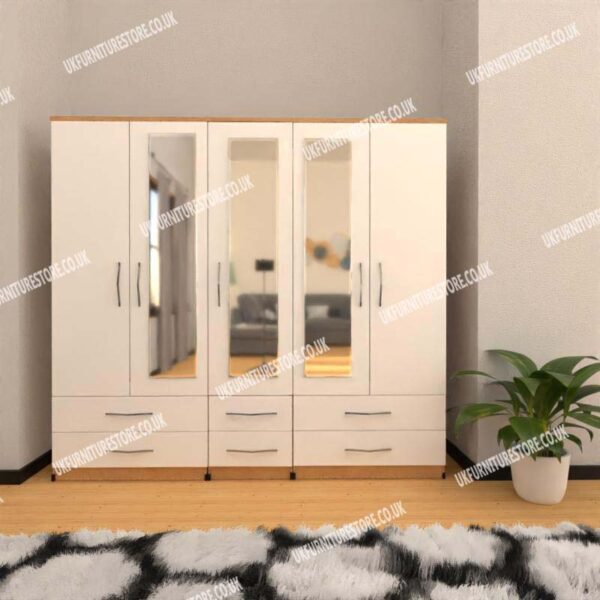 Front White Side Beech 5 Door Wardrobe With 3 Mirrors and 6 Bottom Drawers