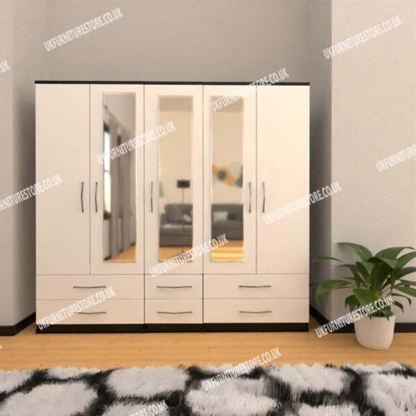 Front White Side Black 5 Door Wardrobe With 3 Mirrors and 6 Bottom Drawers