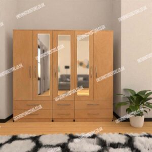 Beech 5 Door Wardrobe With 3 Mirrors and 6 Bottom Drawers