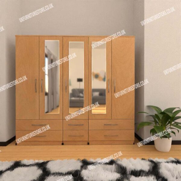 Beech 5 Door Wardrobe With 3 Mirrors and 6 Bottom Drawers