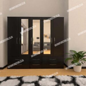 Black 5 Door Wardrobe With 3 Mirrors and 6 Bottom Drawers