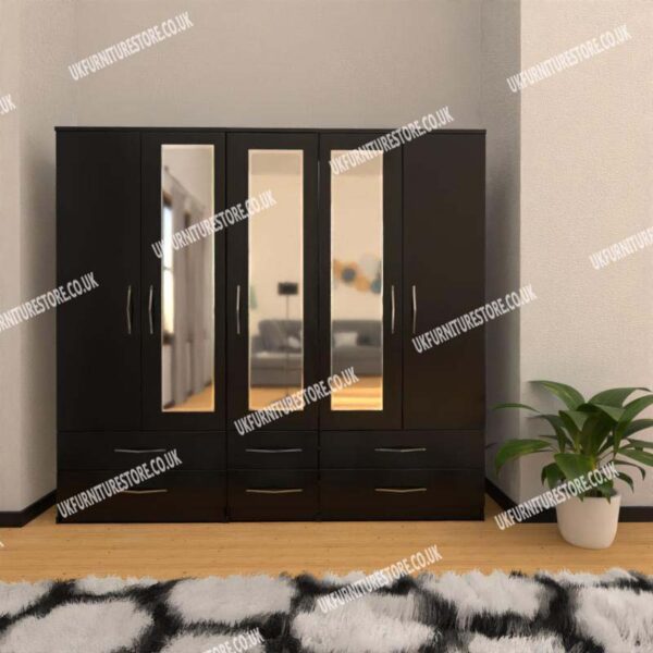 Black 5 Door Wardrobe With 3 Mirrors and 6 Bottom Drawers