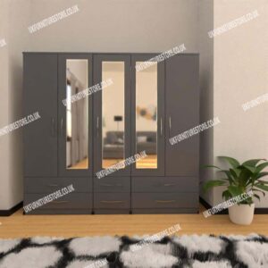 Gray 5 Door Wardrobe With 3 Mirrors and 6 Bottom Drawers