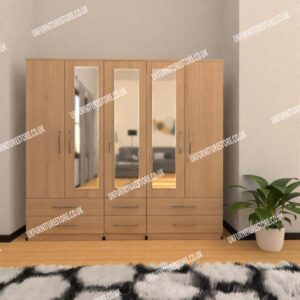 Oak 5 Door Wardrobe With 3 Mirrors and 6 Bottom Drawers