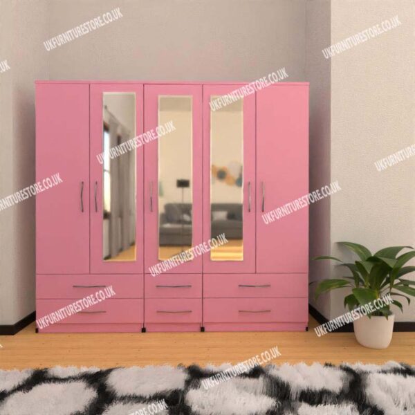 Pink 5 Door Wardrobe With 3 Mirrors and 6 Bottom Drawers