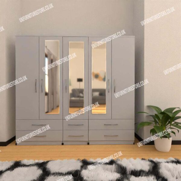 Silver 5 Door Wardrobe With 3 Mirrors and 6 Bottom Drawers