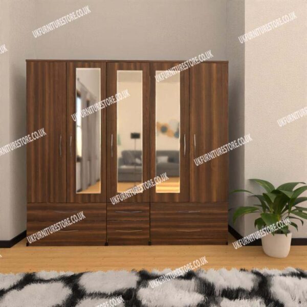 Walnut 5 Door Wardrobe With 3 Mirrors and 6 Bottom Drawers