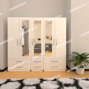 White 5 Door Wardrobe With 3 Mirrors and 6 Bottom Drawers