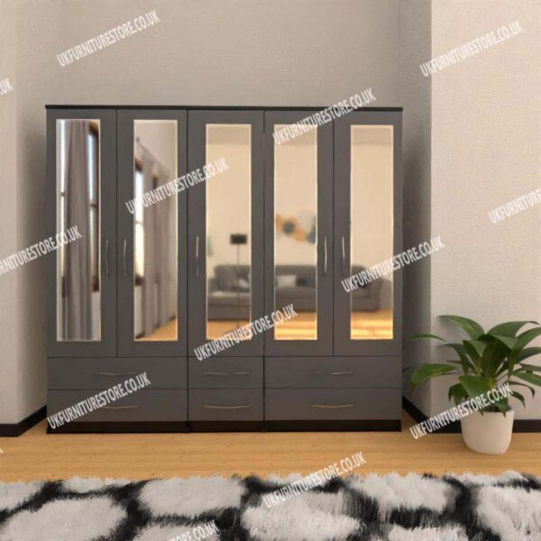 Front Gray Side Black 5 Door Wardrobe With 5 Mirrors and 6 Bottom Drawers