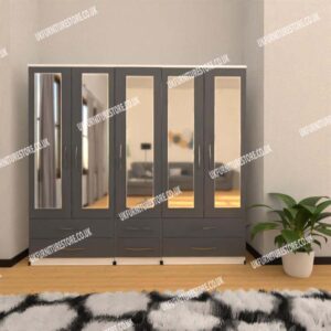 Front Gray Side White 5 Door Wardrobe With 5 Mirrors and 6 Bottom Drawers