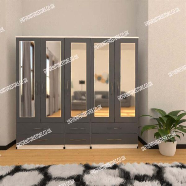 Front Gray Side White 5 Door Wardrobe With 5 Mirrors and 6 Bottom Drawers