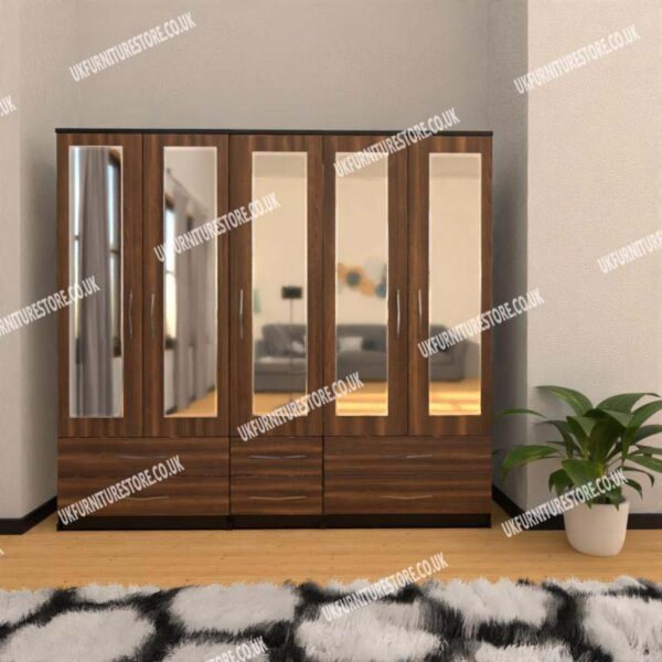 Front Walnut Side Black 5 Door Wardrobe With 5 Mirrors and 6 Bottom Drawers