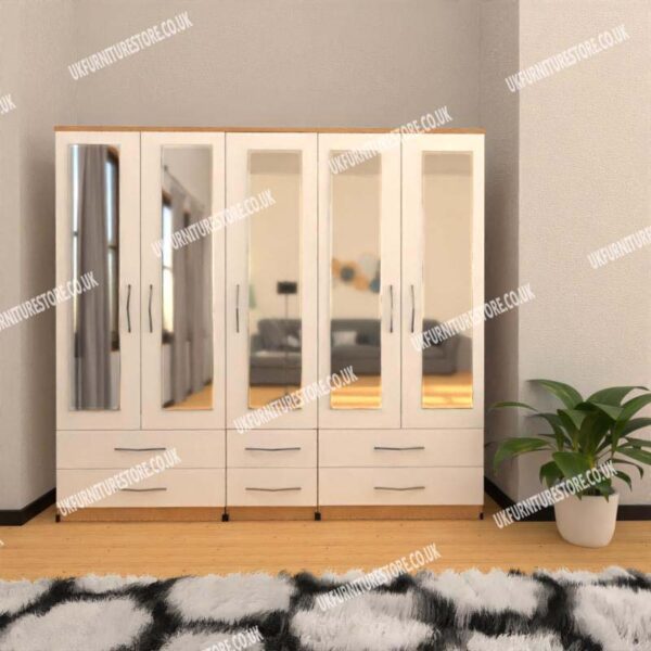 Front White Side Beech 5 Door Wardrobe With 5 Mirrors and 6 Bottom Drawers